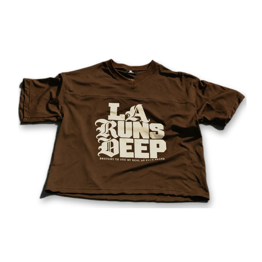 LA Runs Deep Mesh Jersey — Dark Brown on white background
